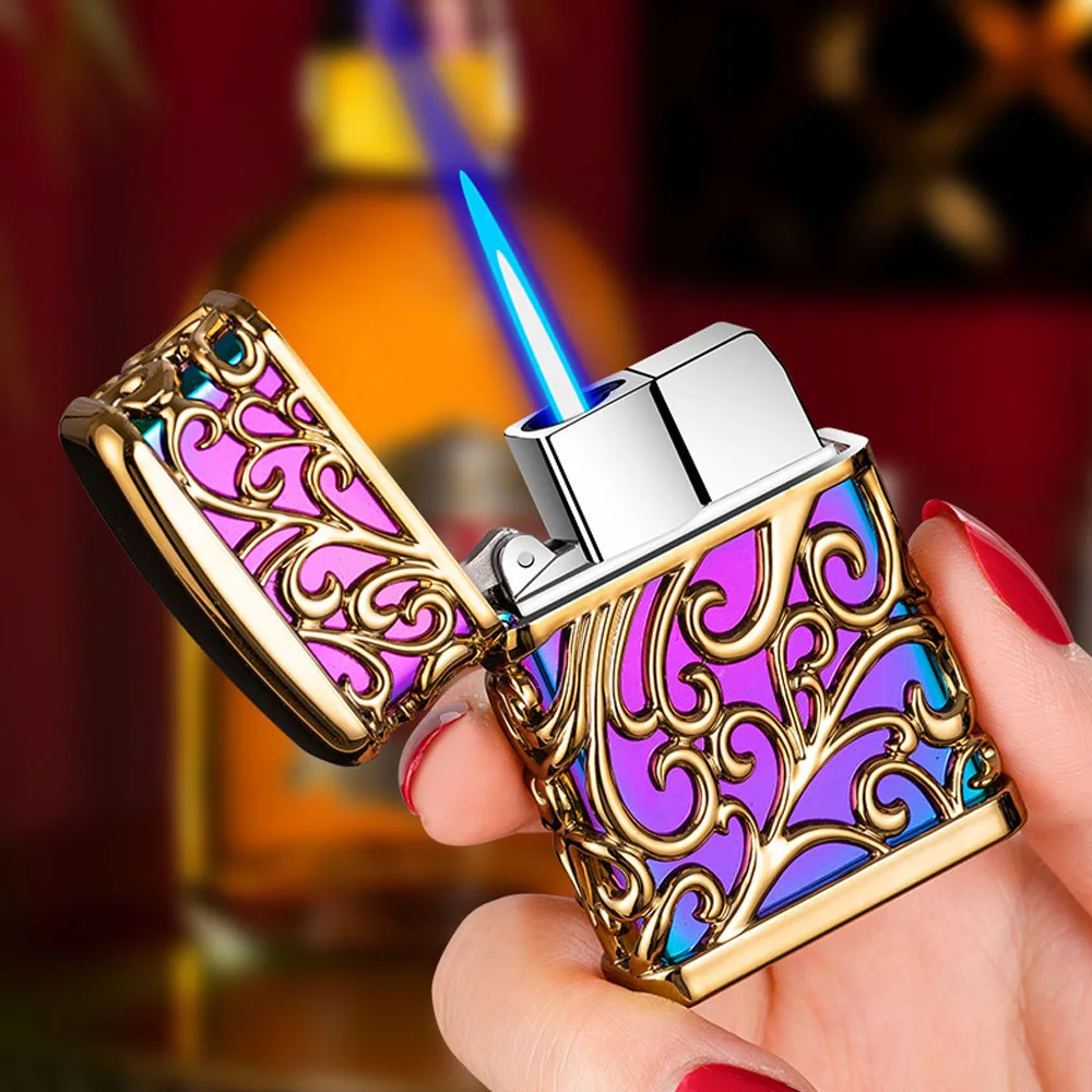 Creative Hollow Pattern Windproof Jet Lighter Cool Metal Body Blue Flame Refillable Butane Gas Torch Lighters Gift For Men