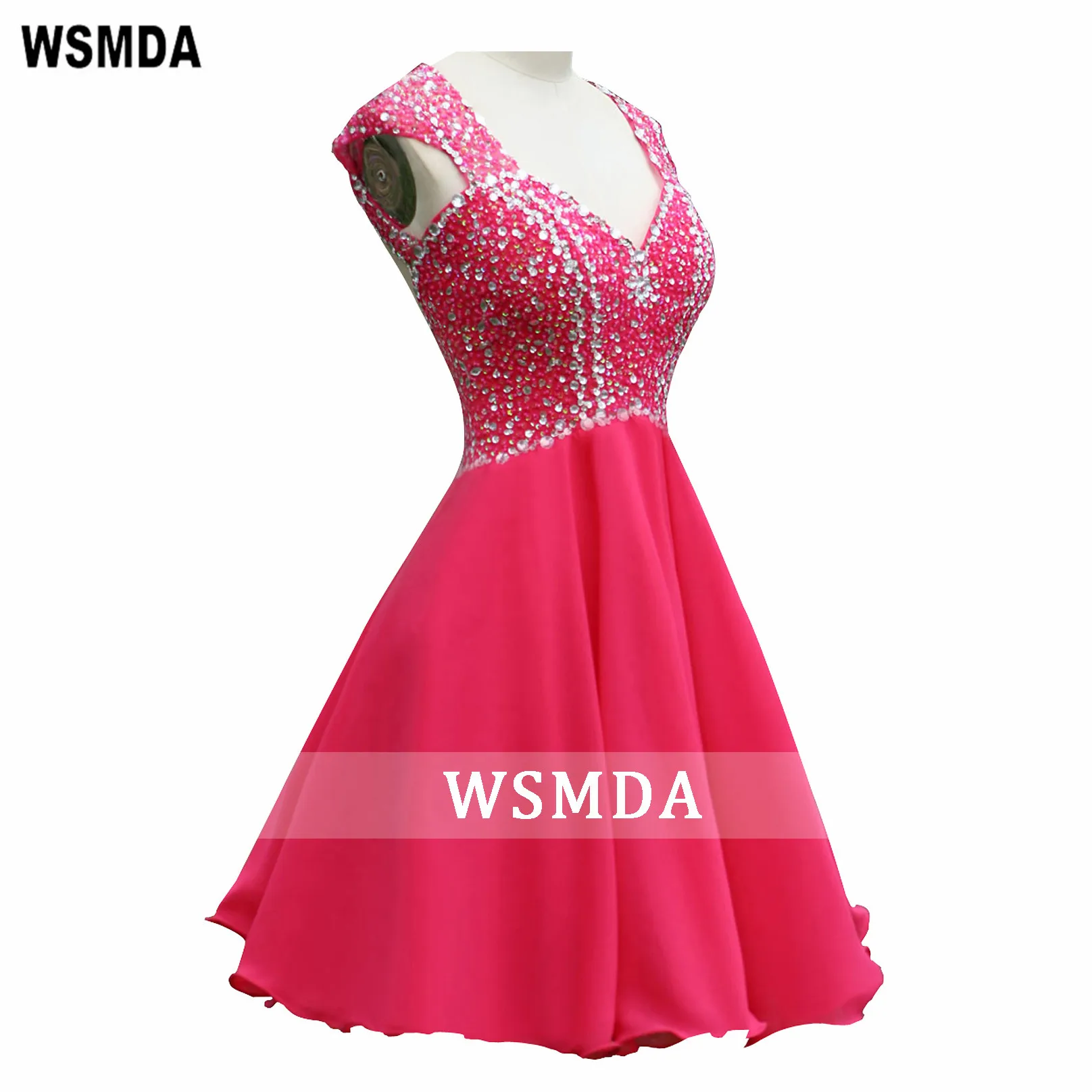 Hot Pink Sweetheart Open Back Short Chiffon Homecoming Dress Rhinestones Beads Mini Gown for Teen Party Prom Dresses