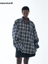 Mauroicardi Spring Oversized Plaid Shirt Men Long Sleeve Mens Designer Clothes High Quality Shirts for Men 2024 Runway Fashion