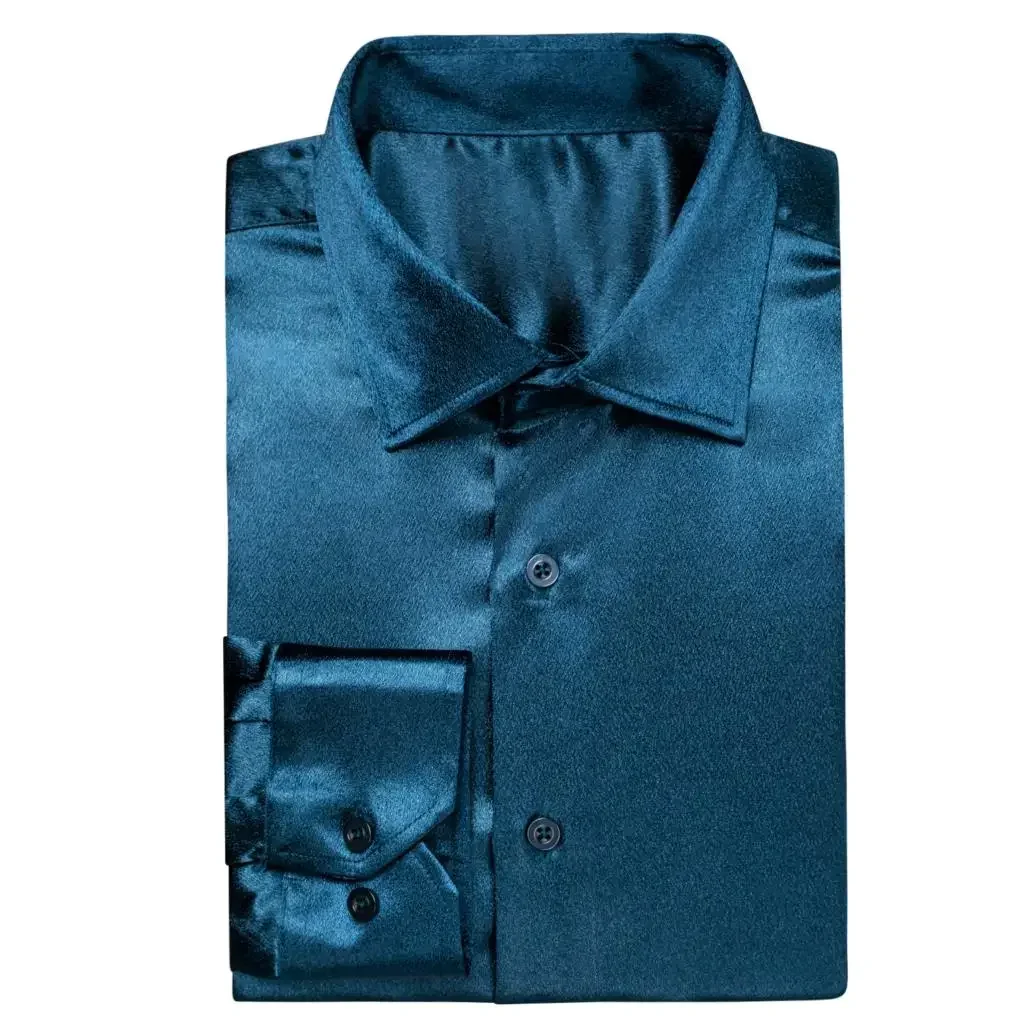 

Mens Shirts Silk Teal Blue Solid Satin Windsor Collar Long Sleeve Social Dress Suit Shirt for Male Wedding Business Gift