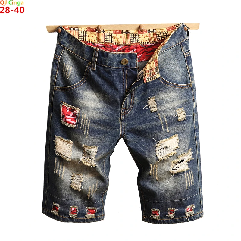 Blue Mens Ripped Short Jeans, Clothing Bermuda Cotton Shorts, Breathable Denim Shorts Male New Fashion Size 28-40