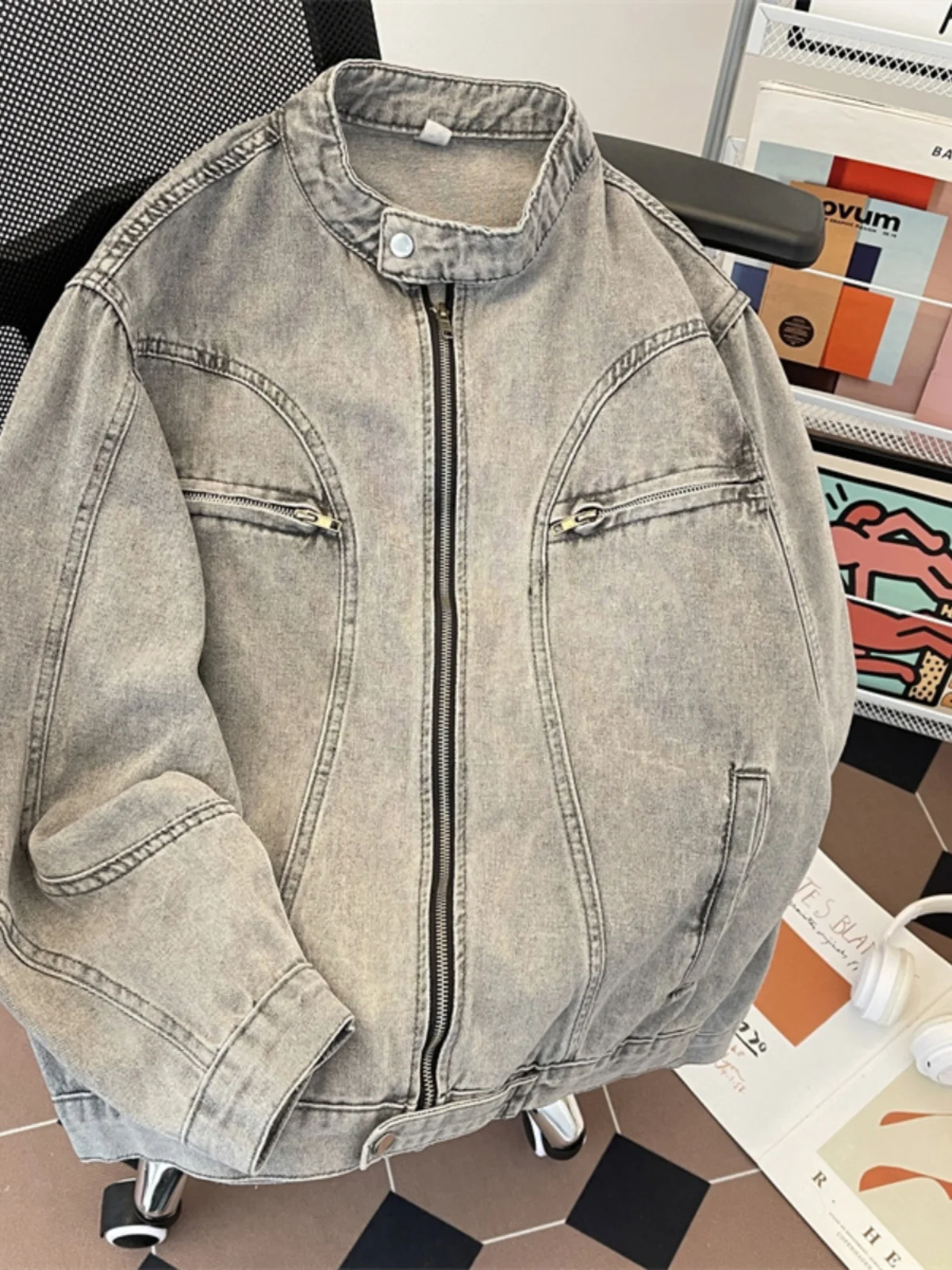 

Мужская джинсовая куртка в американском ретро-стиле, осенне-зимняя, с эффектом потертости, свободного кроя, с воротником-стойкой, в рабочем стиле, молодежная, модная, в стиле Cleanfit