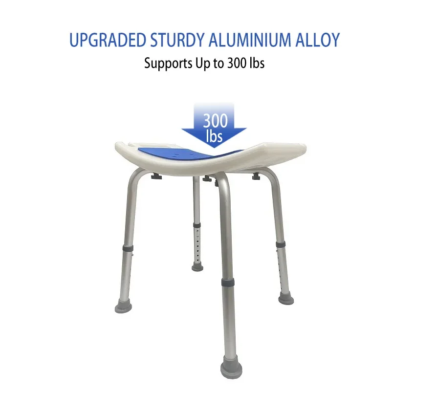 Adjustable Height Aluminum Alloy Shower Chair Non Slip Cushion Bath Stool Without Backrest for Bathroom