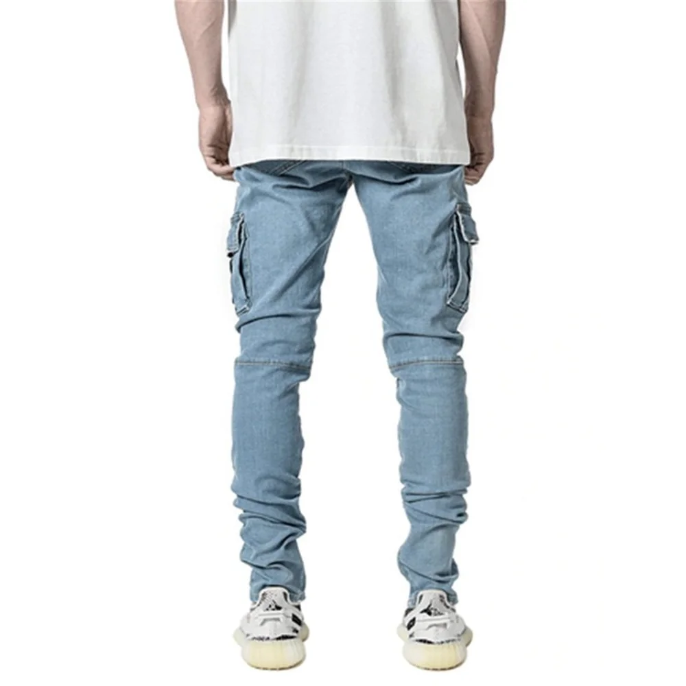 2022 Nieuwste Europa Jeans Mannen Potlood Broek Casual Katoenen Denim Ripped Verontruste Gat Nieuwe Mode Broek Zijzakken Cargo Broek