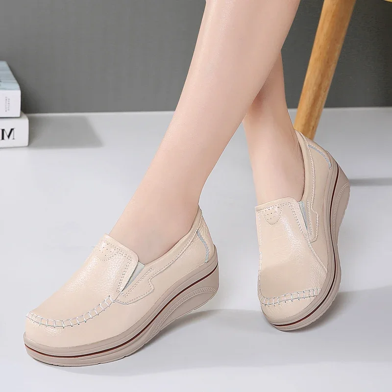 Genuine Leather Thick Bottom Casual Sneakers Women Height Increase Waterproof Loafers Ladies Slip-on Moccasins Flatform Wedges