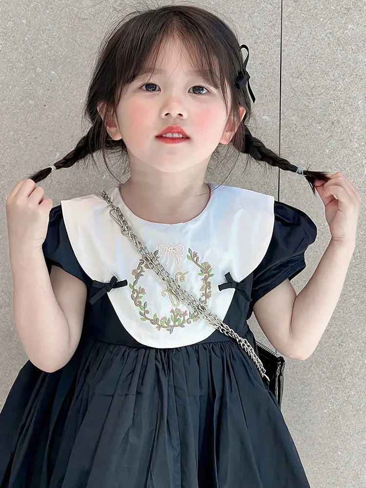 Girls Casual Dresses Flower Embroidered Lapel Bubble Bag Short-sleeved Dress Kids Dresses for Girls 2 To 7 Years