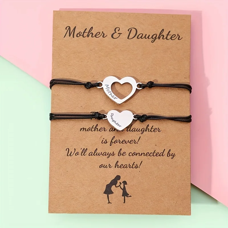 Two Piece Adjustable Stainless Steel Heart-shaped Mother Daughter Bracelet Set - The Perfect Gift for Mother's Day Daily Parties