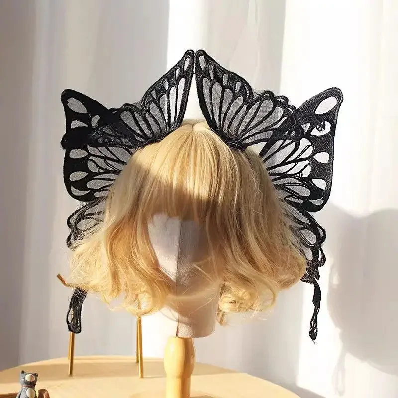 

Black and white two tone flexible butterfly wings with exaggerated Lolita elf lace, hair accessories, headwear