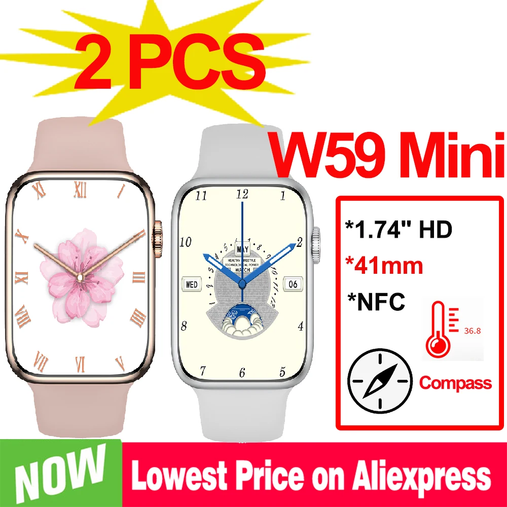 2PCS W59 Mini Smart Watch Women 41mm NFC Compass ECG GPS Tracker 1.74 Inch HD Touch Screen Smartwatch Men