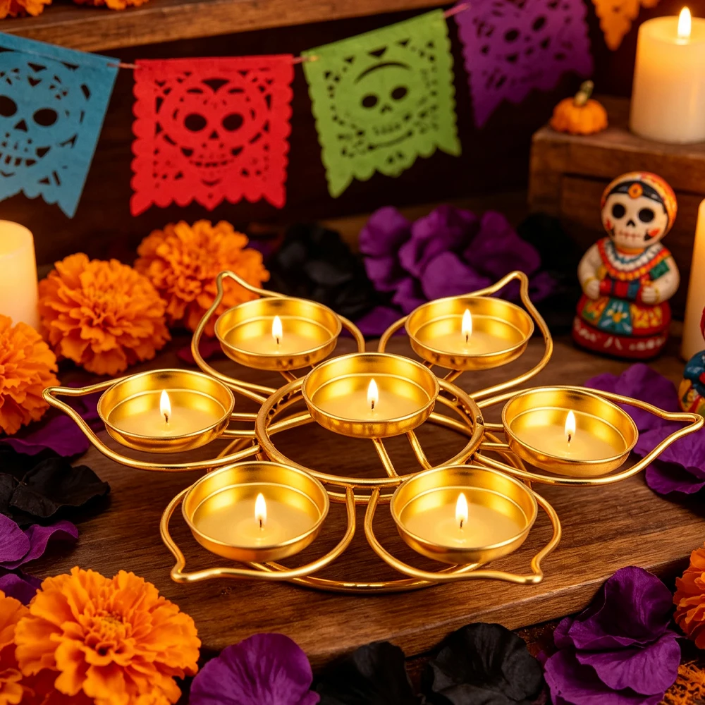 Golden Flower-Shaped 7-Compartment Diya Holder product image