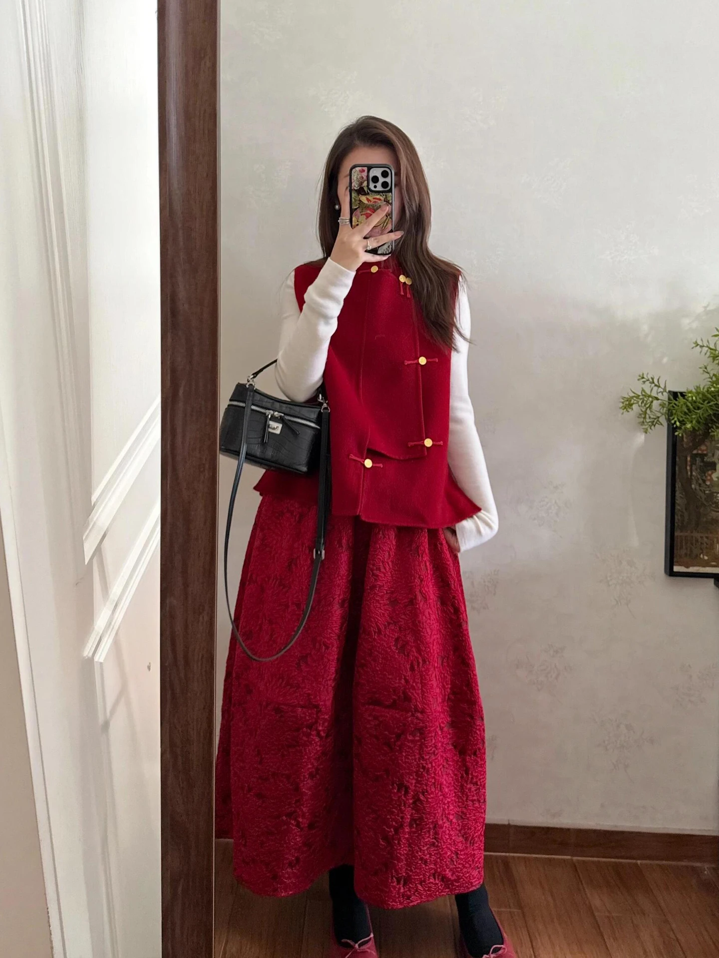 

Winter Faion plus Size Women's New Chinese Sle Vest T-irt Skirt Set Red New Year Battle Armor Casual Loose Fit Polyester