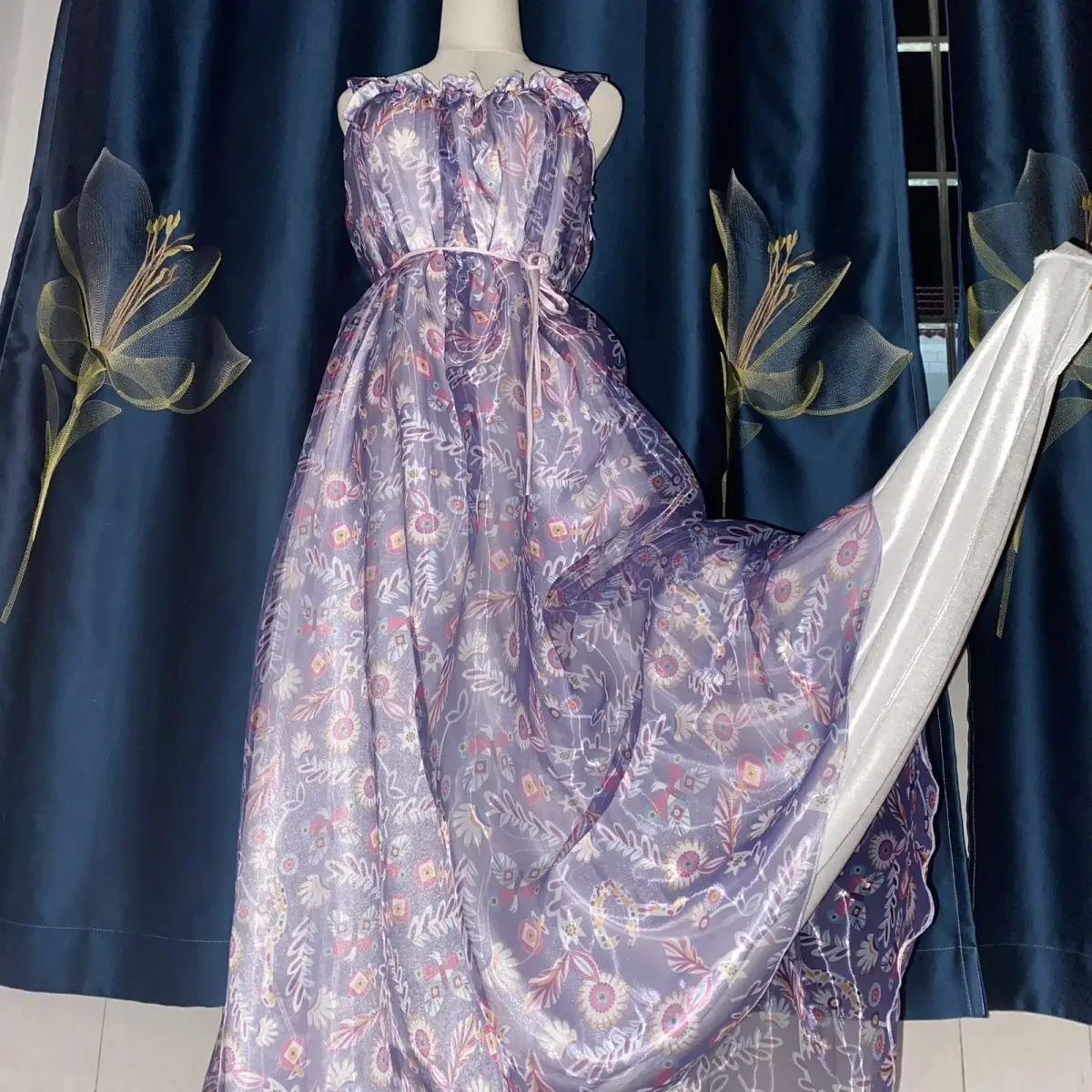 2 Layers Voile Outside Ice Silk inside Floral Print Glossy Sexy Women Satin Long Dress Loose Maxi Dress Elegant Dresses