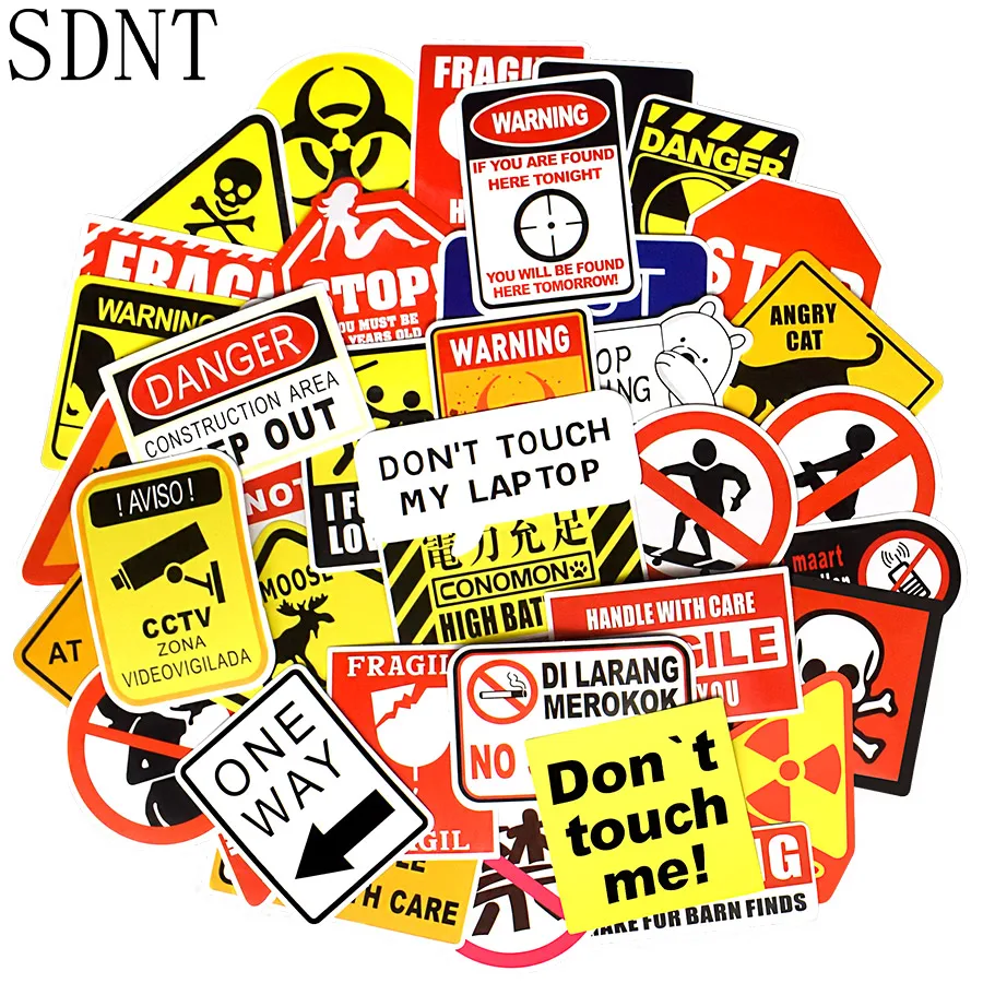 50 PCS Warning Sign Stickers Symbol Reminder Slogan Graffiti Cool Waterproof Stickers for DIY Laptop Skateboard Bike Helmet Car