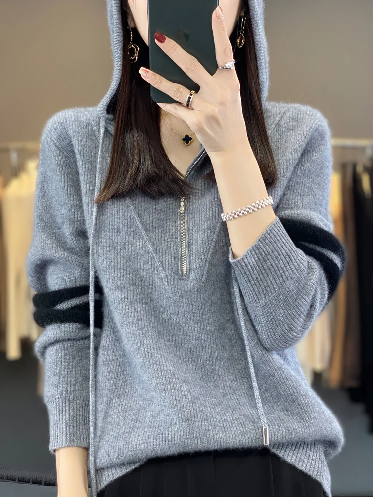 Autumn and Winter New 100% Wool Knitted Color blocked Half Zipper Women\'s Fashion Thickened Versatile Wool Sweater