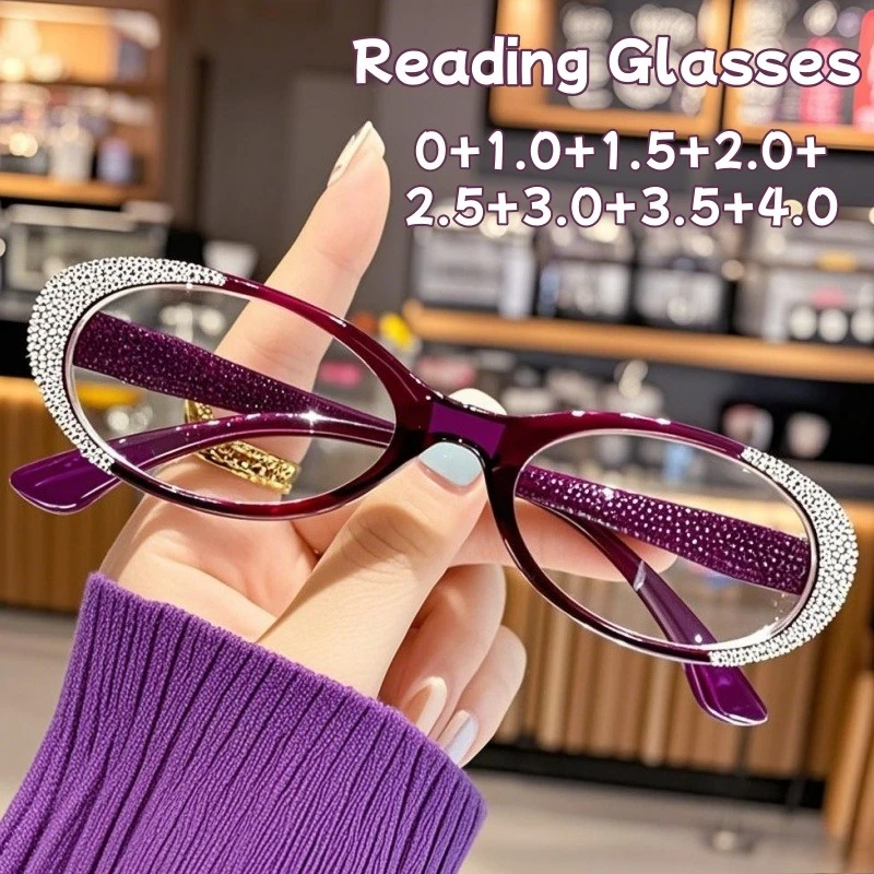 

Diamonds Ladies Fashion Small Frame Anti-blue Light Presbyopia Glasses Transparent Lenses Luxury Elderly Reading Glasses
