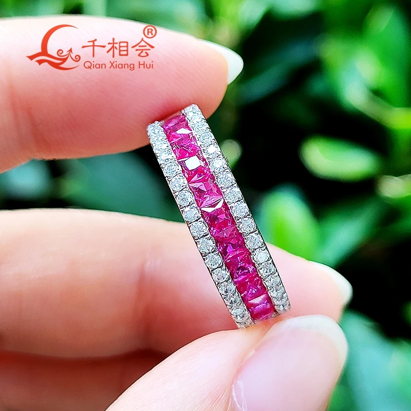 5.5mm lab created grown red ruby blue sapphire square white moissanite half eternity band 925 Silver ring jewelry dating wedding