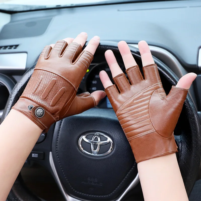 Sheepskin Half Finger Gloves For Fitness Driving High Quality Genuine Leather Gloves Fingerless Brown Driver Sports Motorcy