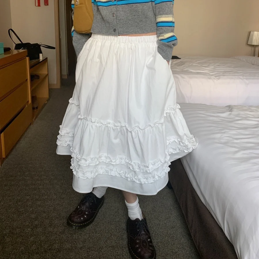 Girls Style Elastic Waist Half Skirt Gored Hem Flounce Commute Style Inner Lined Loose Fit Pure Color Spring Summer Autumn
