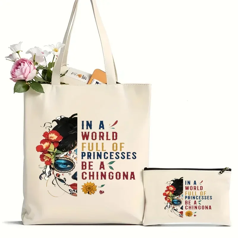 

2Pcs Inspired Mexican Girl Print Handbag Leisure Travel Beach Bag Large Capacity Shoulder Shopping Bag