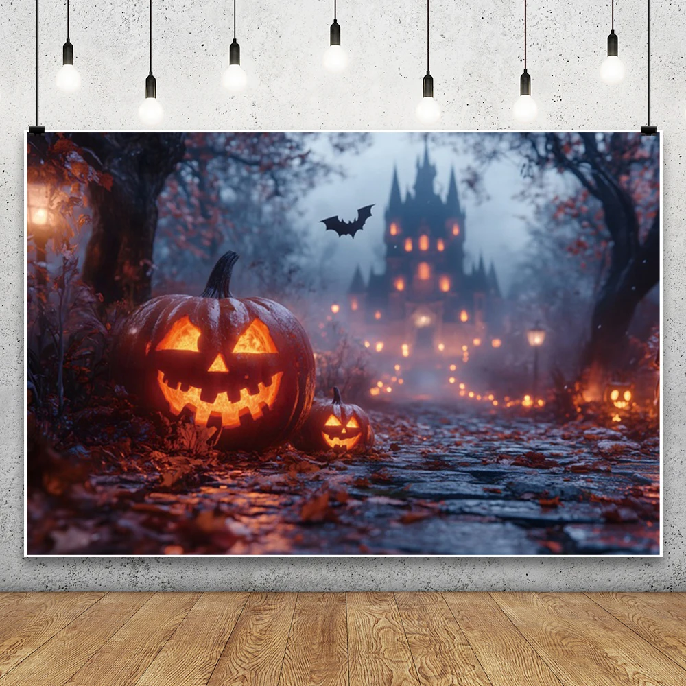 Purple Halloween Photography Backdrops Horror Night Forest Pumpkin Light Castle Kid Birthday Party Decor Background Photo Studio