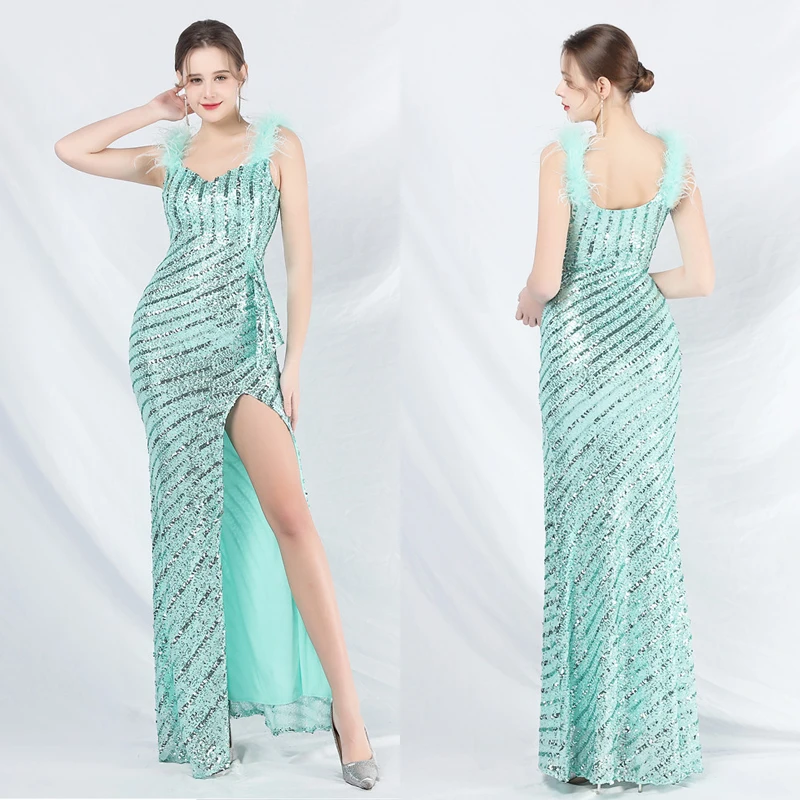 

Mint Green Sequin Long Evening Dresses Feather Off Shoulder A-Line Mermaid Side Slit Ball Gown Fit Women Luxury Wine Party New