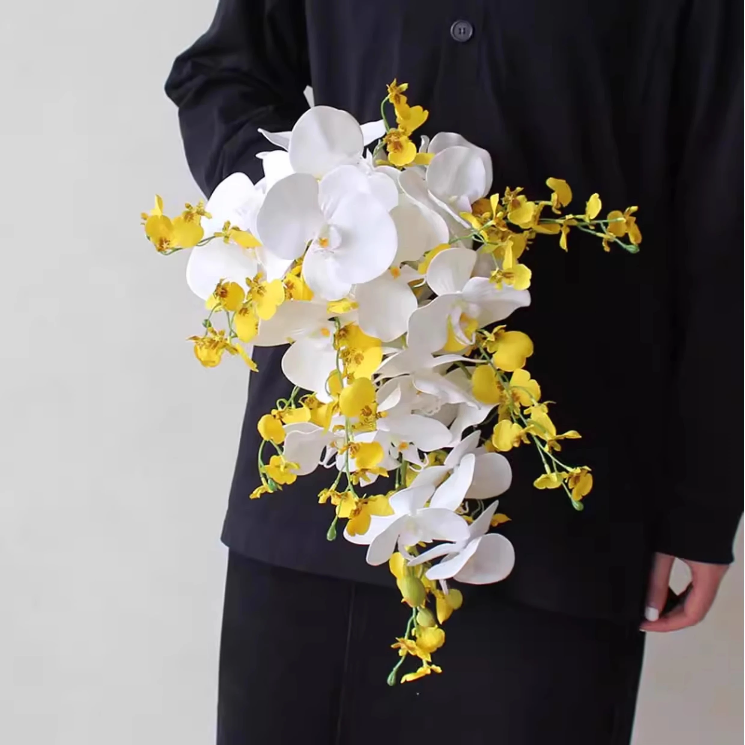 JaneVini Elegant Yellow White Waterfall Bridal Bouquets Artificial Silk Flowers Cascading Moth Orchid Bride Wedding Fake Bouquet