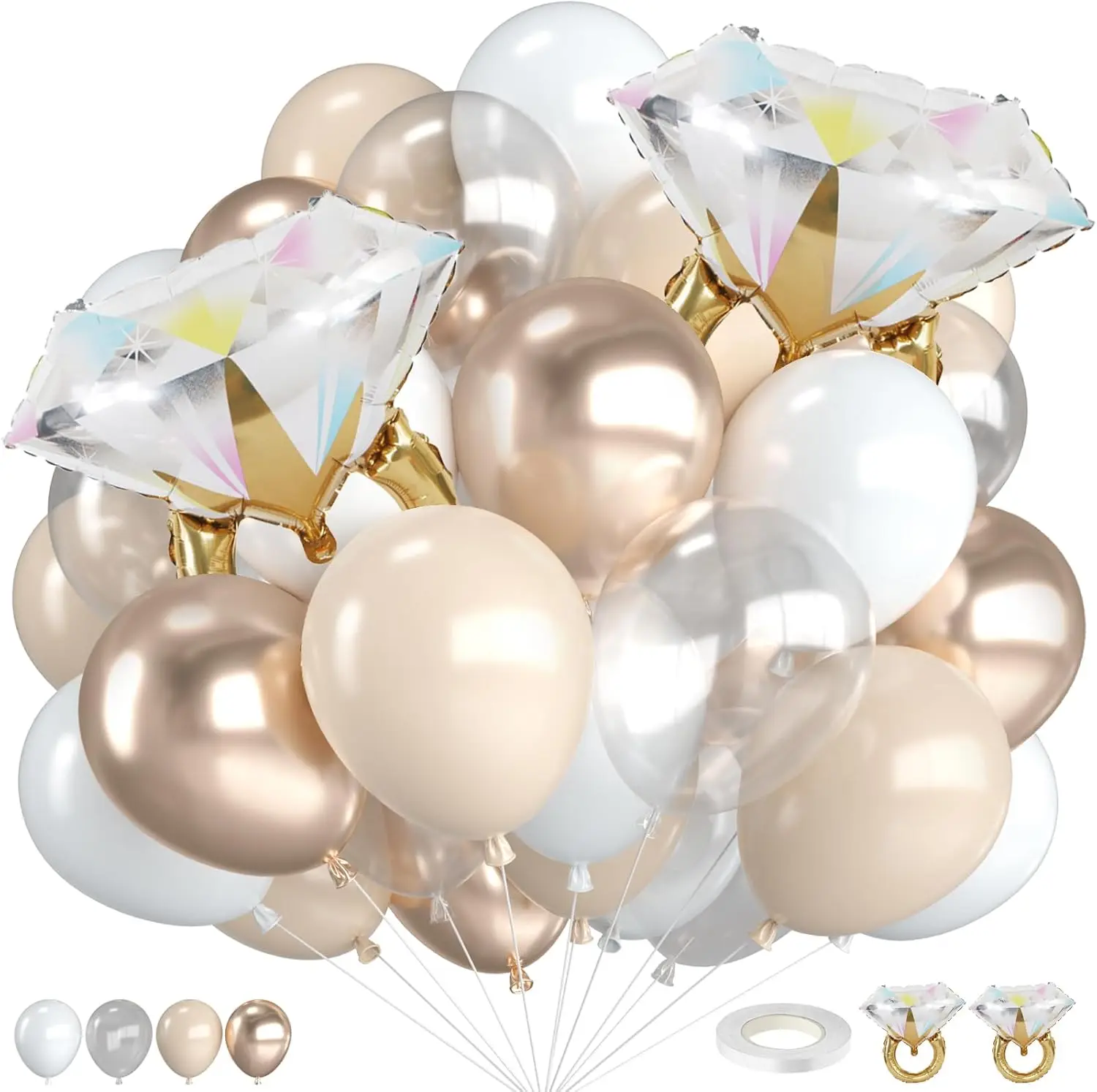 Beige Weiß Gold Ballons Metallic Champagner Gold Creme Diamantring Folienballon Brautparty Hochzeitstag Verlobung