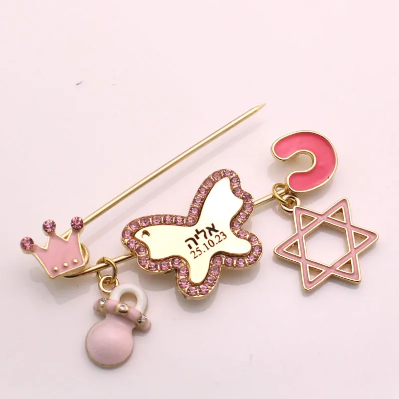 Nome personalizado Estrela judaica hebraica de David Baby Pin, broche rosa