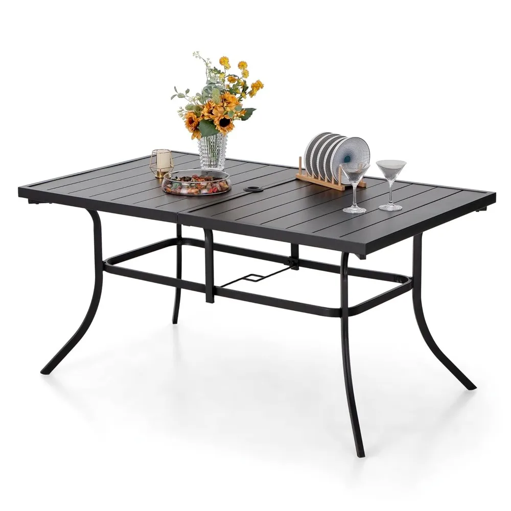 

6-Person Outdoor Metal Steel Slat Dining Rectangle Table with Adjustable Umbrella Hole, Weather-Resistant, Customized