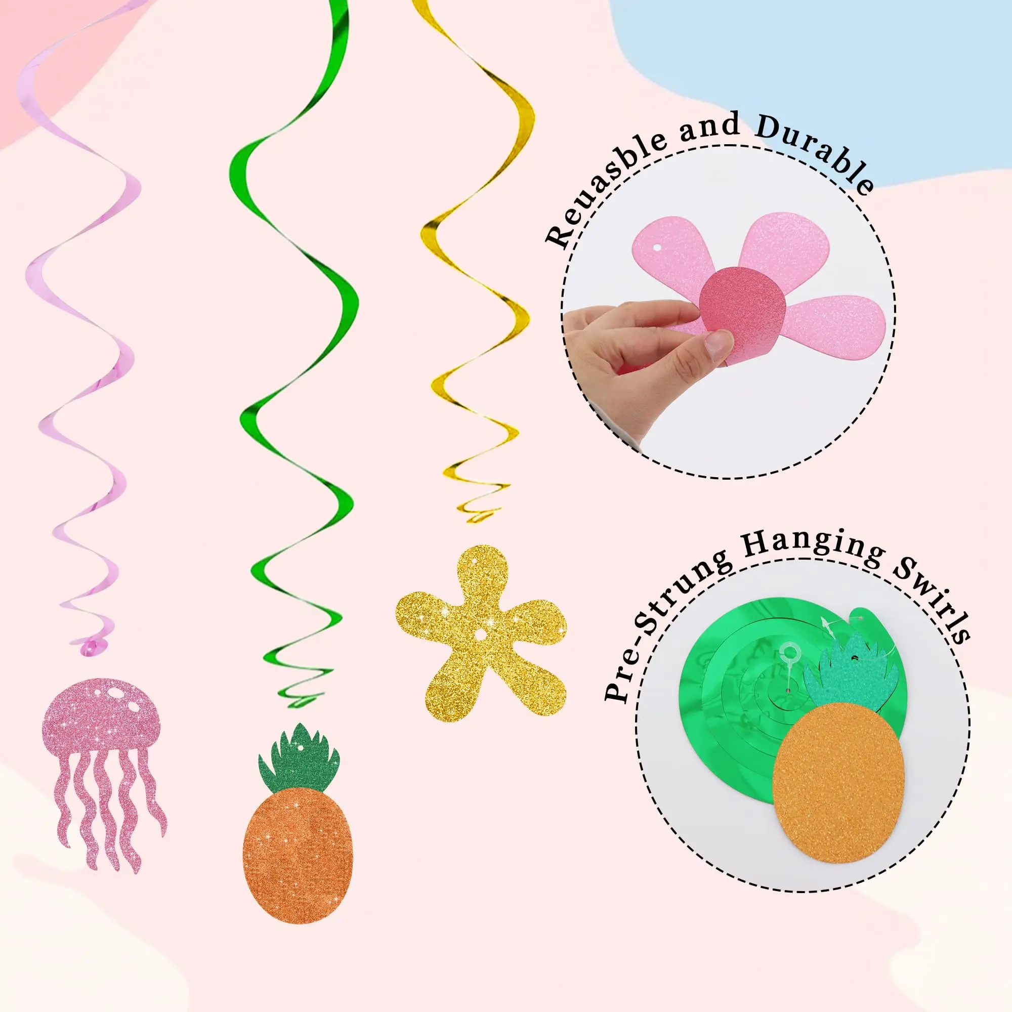 7/14-teiliges Set Bunte Cartoon-Quallen & Blumen Hängende Wirbel-Dekorationen Ozean-Themen-Party Banner Hintergrund für Babyparty Geburtstag – Detail 3