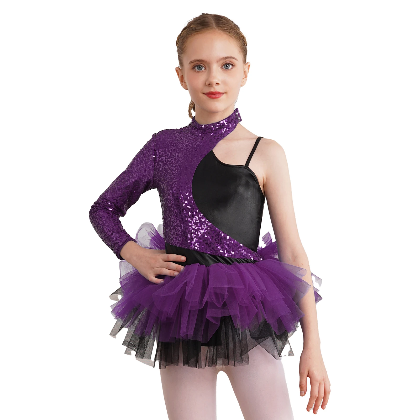 Kids Girls Ballet Gymnastics Leotard Tutu Dress Figure Skating Dance Costume Shiny Sequins Jazz Cha-cha Performance Dancewear