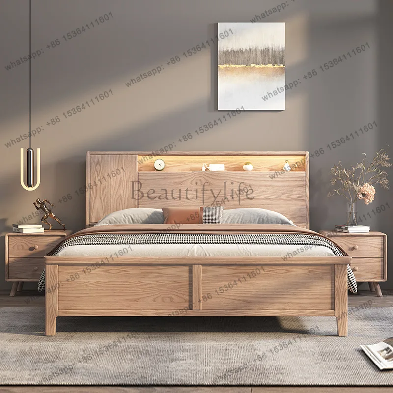 LX Nordic ash wood all solid wood night light single high box storage bed
