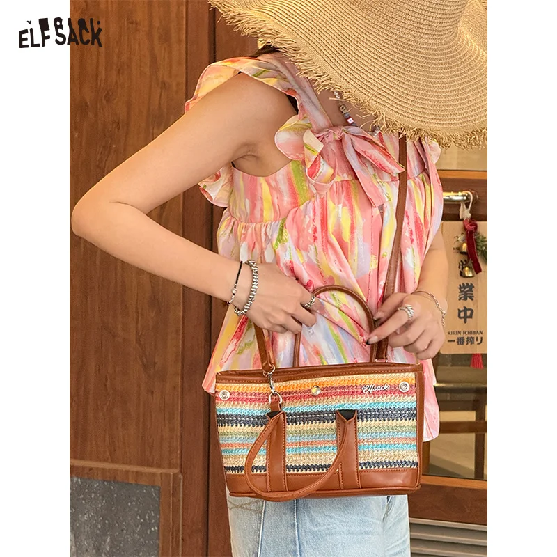 

ELFSACK 2025 Summer New Arrival Clashing Stripe Woven Bag Design Sense Fashion Peplum Slanting Single Piece Bag For Women