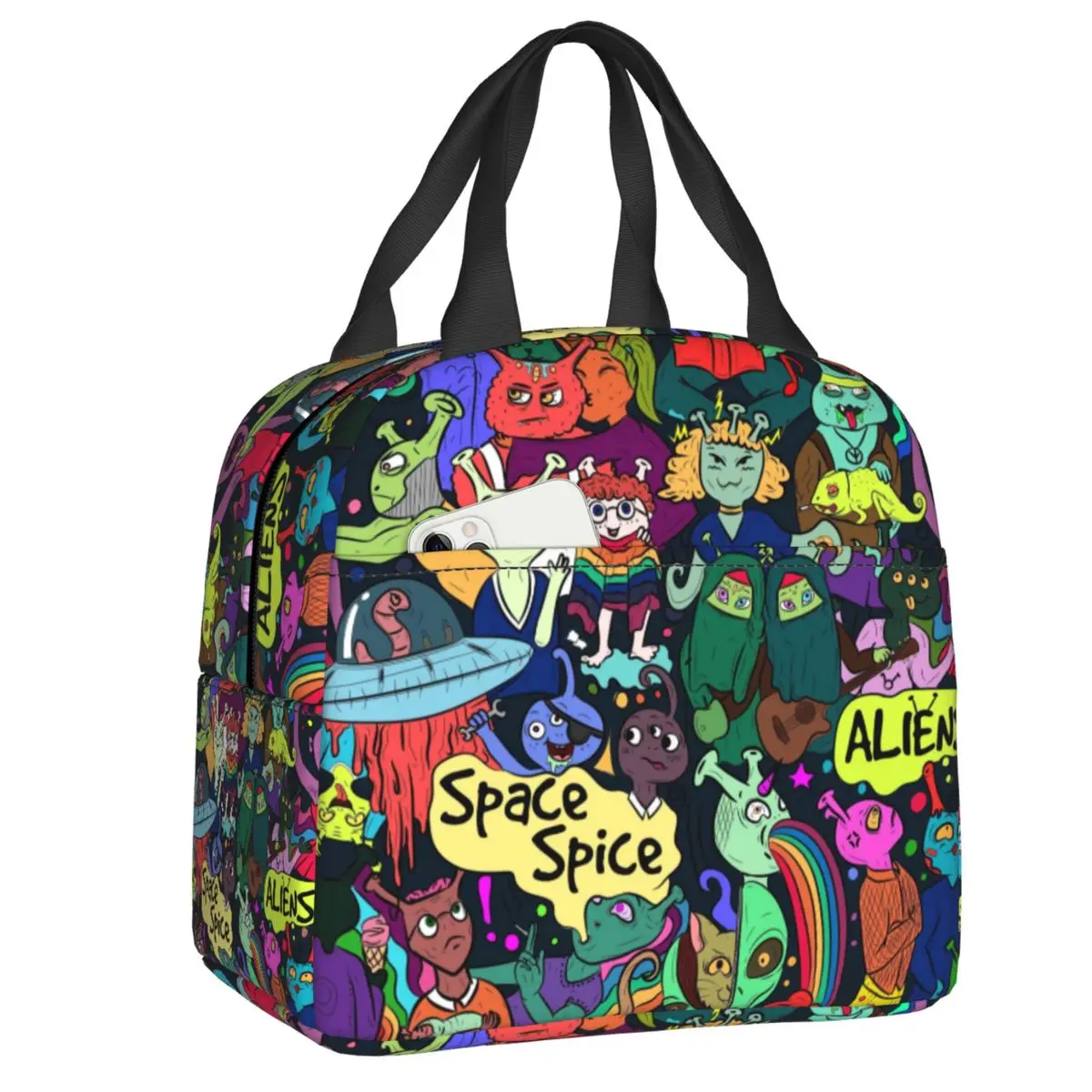 

Custom Bizarre Alien Colorful Street Art Insulated Lunch Bag for Women Graffiti Style Cooler Thermal Bento Box School Children