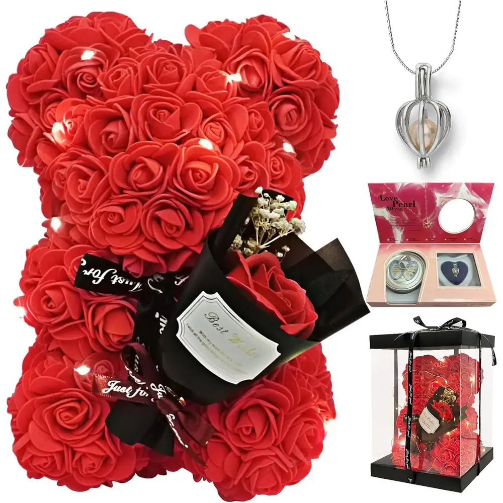 

Плюшевый мишка на День святого Валентина с букетом искусственных роз и стабилизированными цветами, плюс жемчужный сюрприз на День рождения или День матери