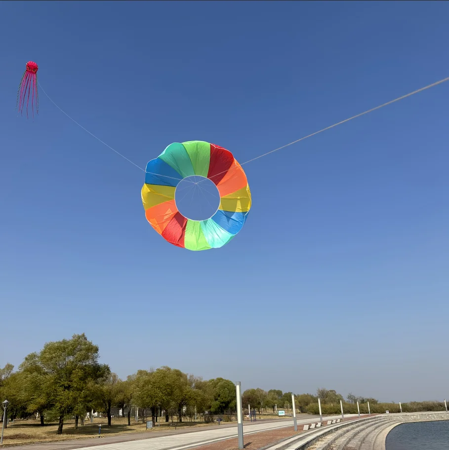 Outdoor hand pulled rolling dragon kite, adult spinning soft rainbow kite, beach park camping and flying view 5