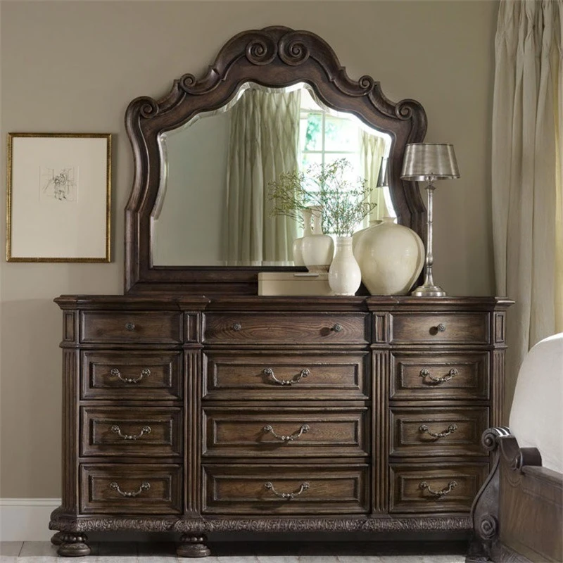 furniture solid wood dresser American oak retro carved mirror dressing table bedroom drawer storage table