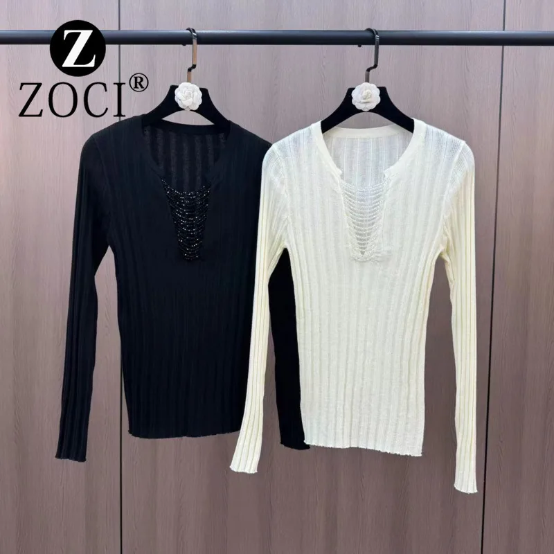 [ZOCI] 2025 Round Neck Long Sleeve Nail Bead Hollow Sexy French Minimalist Knitted Shirt