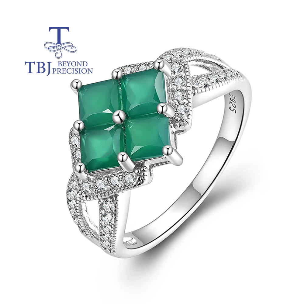 Natural Green Agate Squares Gemstones Ring for Women 925 Sterling Silver Jewelry Elegant Nice Gift