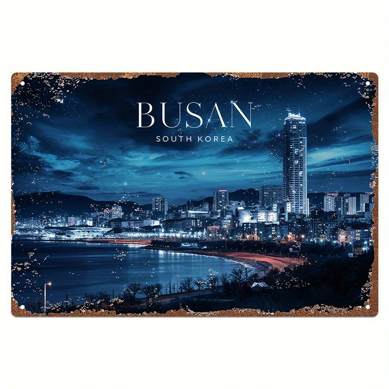 [Modern Sophistication] Vintage-Style Aluminum Wall Art Sign - BUSAN SOUTH KOREA Nighttime Cityscape with Ocean View,  - for H