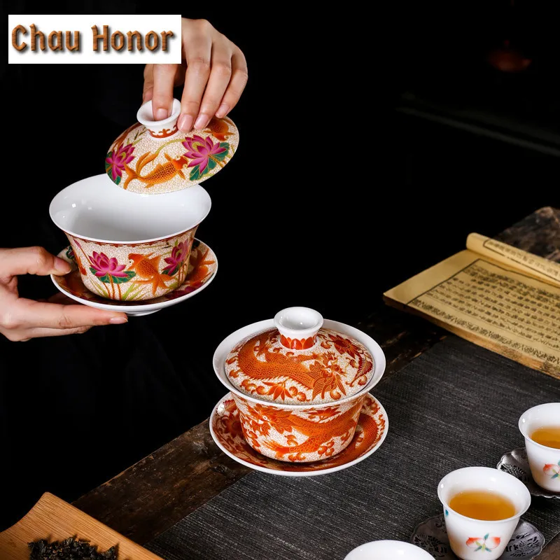 250ml Enamel Color Sancai Gaiwan Master Cups Retro Chinese Tea Set Teacup Lid And Saucer Set Teaware Chrysanthemum Tea Teaware - Image 4