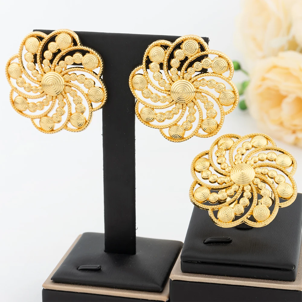 

Dubai Jewelry Sets for Women Flower Earrings and Adjustable Rings Italian Wedding Gifts 18K Gold Color Jewelry Accessories