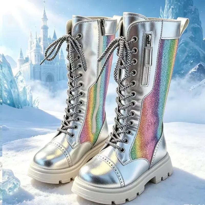New Fall Winter High-Top Soft-Soled Boots Girls Student Non-Slip Warm High Boots Kids Children Comfortable Shiny Fashion Boots