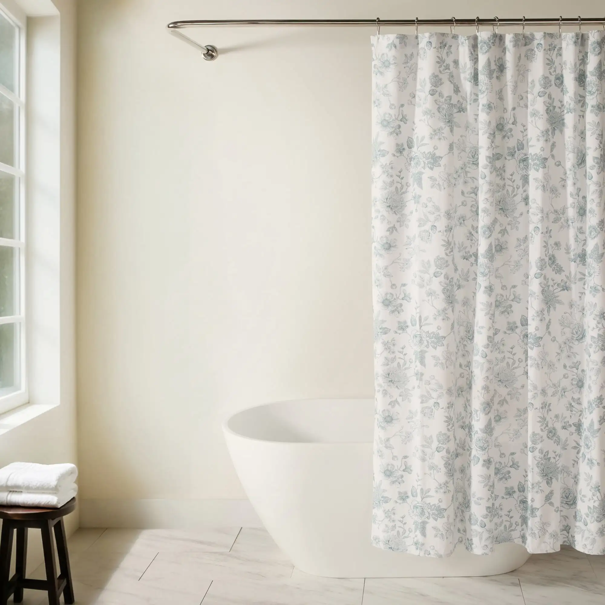 

Cotton blend shower curtain featuring elegant floral designs for bathroom decor