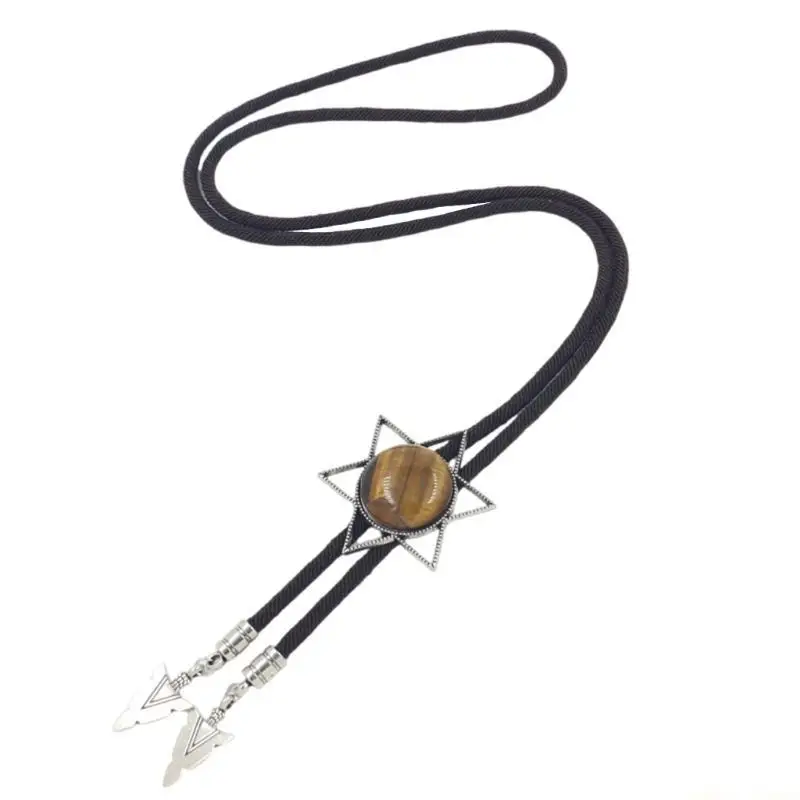 31BF Braided Shoestring Bolo Tie with Engraving Stone Charm Cowboy Necktie Necklace Country Bolo Tie Cowboy