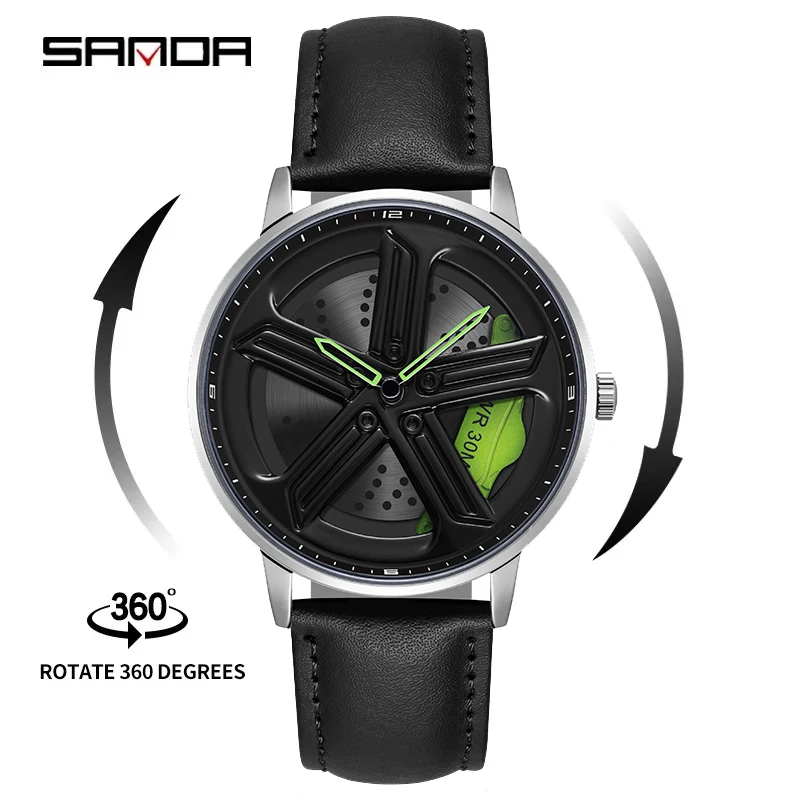 

SANDA P1106 Unique Design Men's Watch Rotation Rim Hub Sports Car Quartz Wristwatch Waterproof Stainless Steel Wheel Men Watches