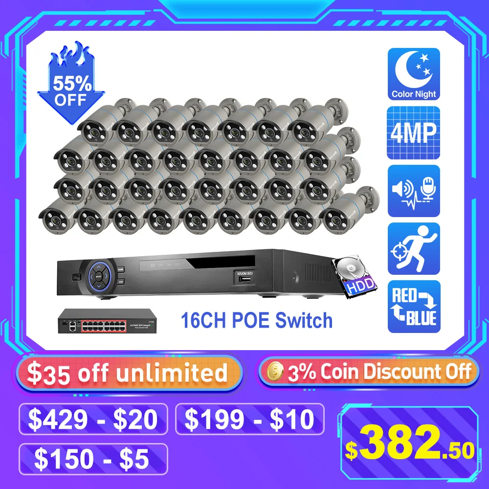 Techage 36CH 4MP POE Camera System Smart AI Human Face Detection Two-way Audio Colorful Night Vision CCTV Video Surveillance Set