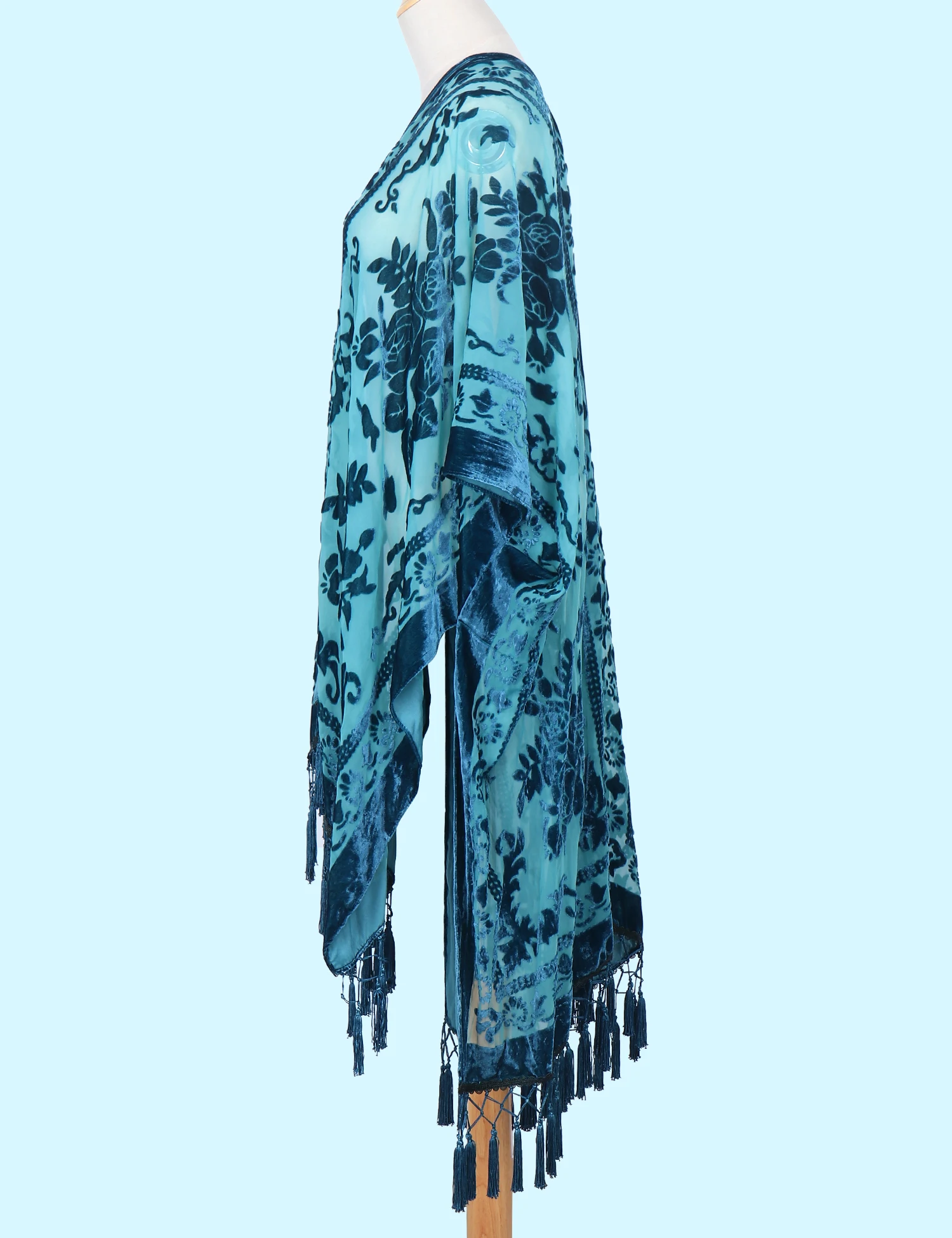 WeHello-Bohemian Style Velvet Kimono Long Floral Cardigan Velvet Loose Rest Tassel Holiday Shawl JYPF-51