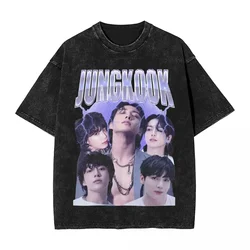 Jungkooks T shirt hip hop washed short sleeve High Street T-shirt Vintage Men Women tops streetwear summer tee shirt