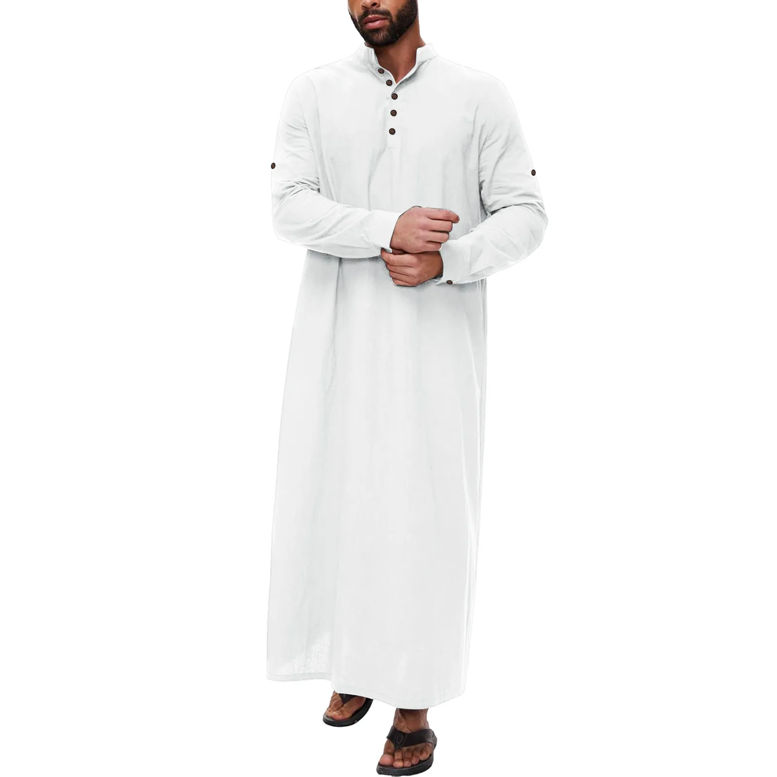 Robe musulmane boutonnée de style arabe moyen pour hommes, manches longues, fente latérale, poche boutonnée, simple, nouveau, 2024